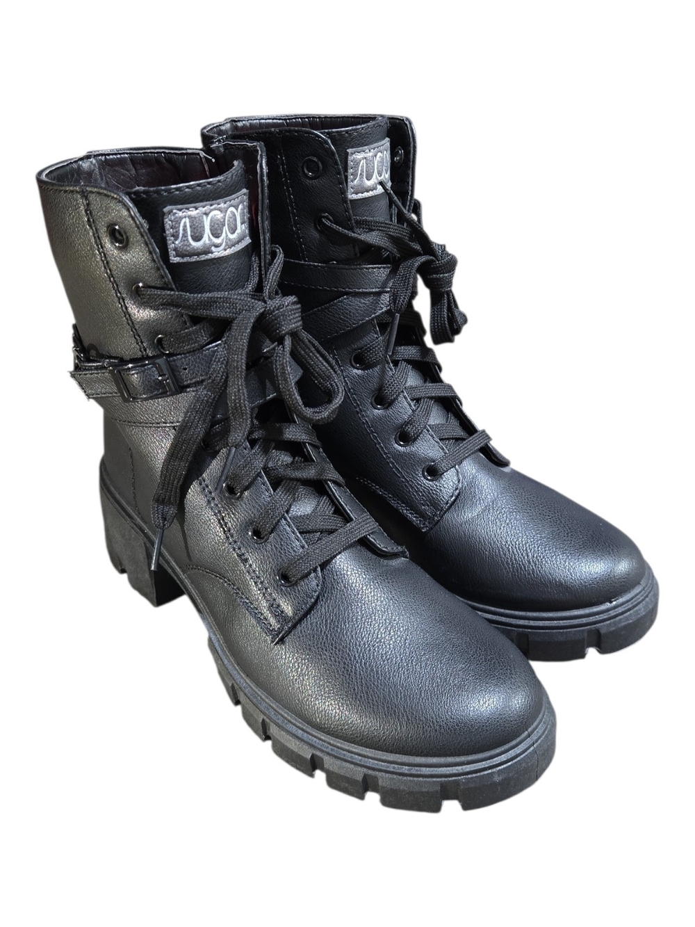 Sugar Black Chunky Combat Boots with Chain Strap Accent Women's Size 8.5